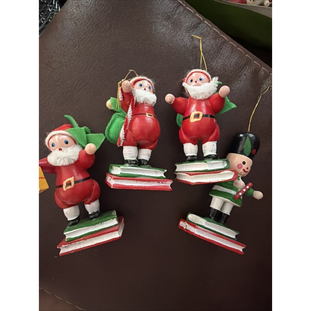 4 Vintage Santa & Snowman Wooden Ornaments Standing On‎ Books Wood Christmas